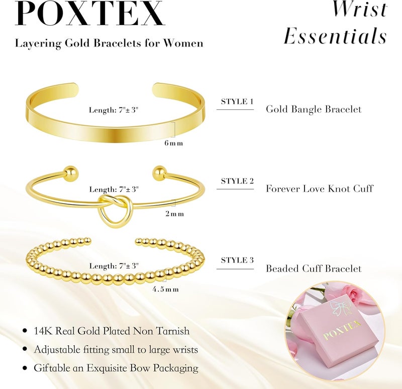Poxtex 925 Sterling Silver Bracelets for Women Stack, 14K Gold Plated Bangle Cuff Jewelry Set Trendy, Adjustable Tennis Knot Twisted Bracelet for Wrist Essentials Women Fashion Gifts - Image 3